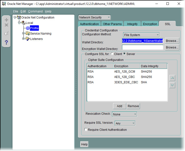 Oracle Net Manager tool with Oracle Net Configuration section deployed and Profile selected in the Local subsection in left panel, and with the SSL tab of the Network Security section displayed in the right panel
